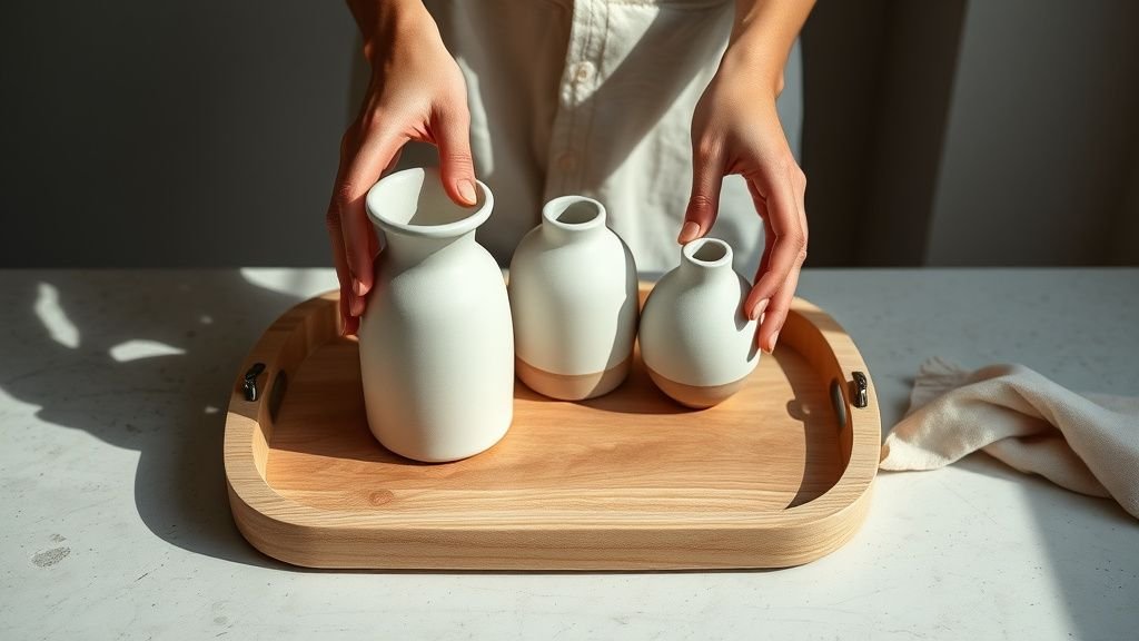 Mains disposant des vases en céramique et du linge naturel sur une table en pierre claire