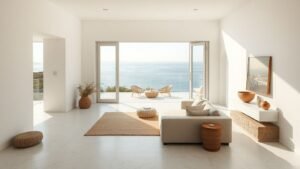 Intérieur d’une maison méditerranéenne minimaliste avec terrasse ouverte sur la mer et lumière naturelle