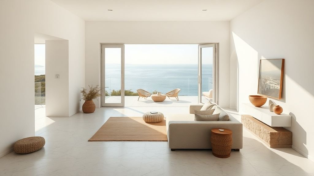 Intérieur d’une maison méditerranéenne minimaliste avec terrasse ouverte sur la mer et lumière naturelle
