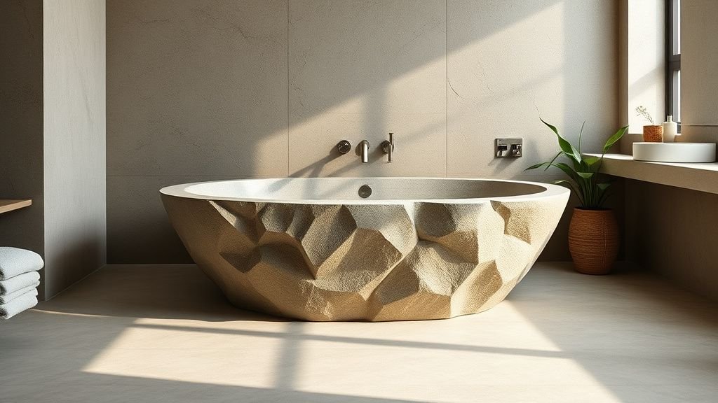 Baignoire en pierre dans une salle de bain épurée avec béton ciré et lumière douce