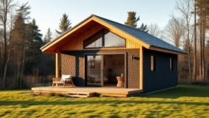 Maison préfabriquée en bois au style scandinave avec façade noire et terrasse couverte dans la nature