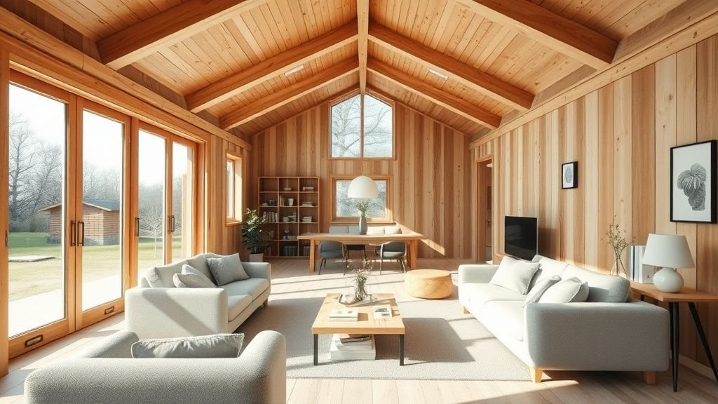 Intérieur lumineux d’une maison préfabriquée en bois avec plafond incliné et grandes baies vitrées