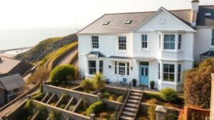 Maison victorienne blanche face à la baie avec bow-windows, jardin en terrasses et lumière marine douce