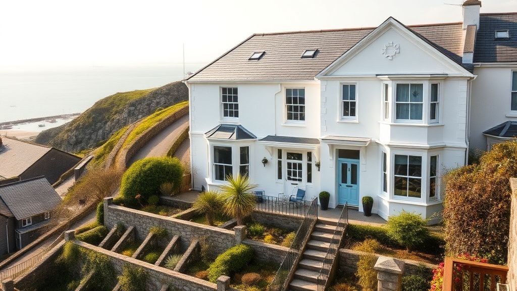 Maison victorienne blanche face à la baie avec bow-windows, jardin en terrasses et lumière marine douce