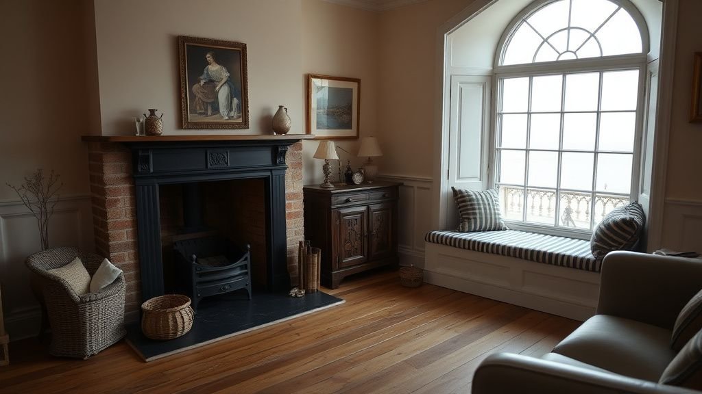 Salon chaleureux avec cheminée en fonte, banquette de fenêtre rayée et vue sur la mer