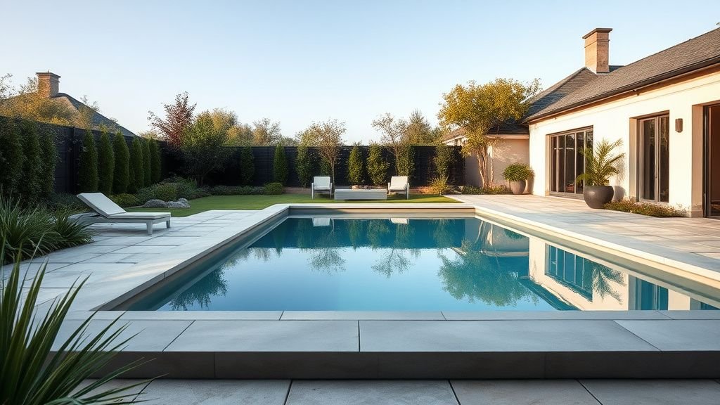 Piscine en kit alu enterrée dans un jardin moderne avec terrasse en pierre et végétation sobre