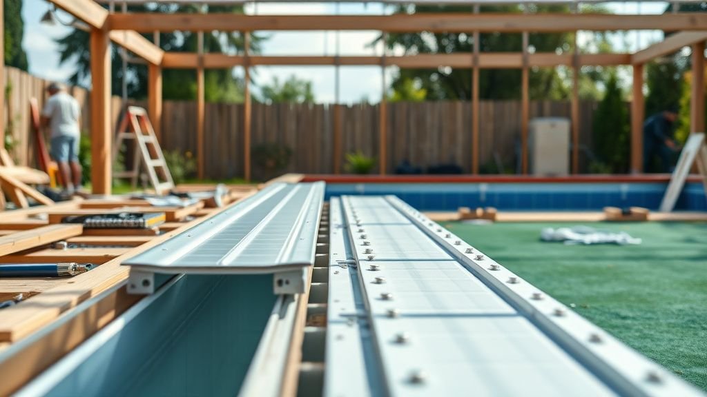 Mains assemblant la structure d’une piscine en kit alu sur un chantier de jardin