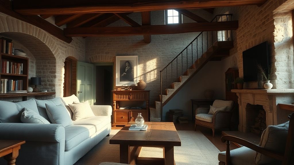 Salon rustique chic avec poutres apparentes, pierre claire et textiles naturels dans une maison ancienne