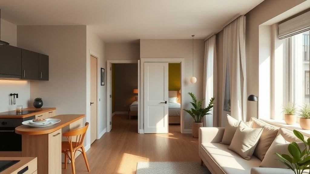 Intérieur scandinave contemporain d’un studio 35 m² transformé en deux-pièces avec séjour lumineux et chambre séparée