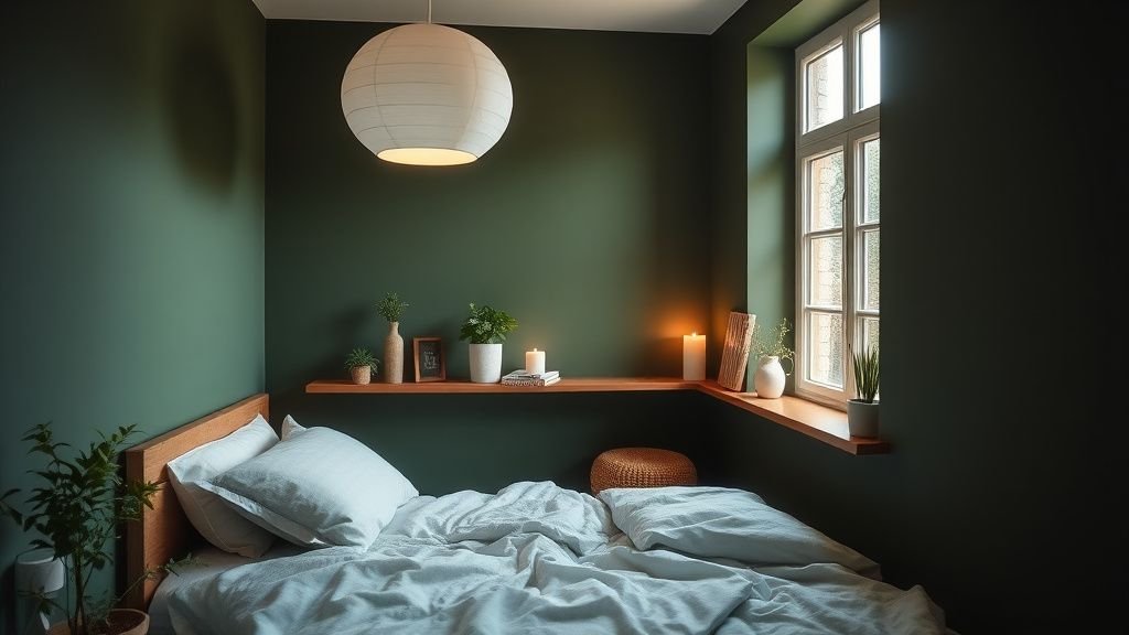 Petite chambre cocon avec murs vert olive, suspension ronde blanche et tablette en bois sous la fenêtre