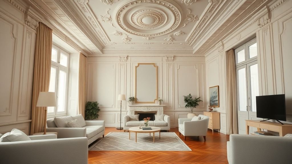 Salon d’un appartement 1900 avec moulures anciennes, parquet en bois et décoration contemporaine sobre