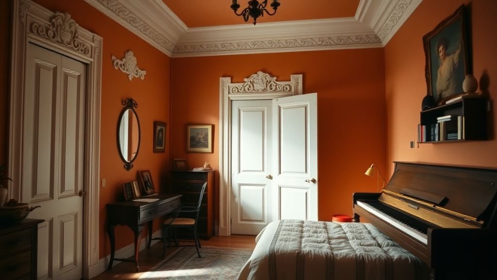 Chambre terracotta avec moulures blanches, coiffeuse ancienne et ambiance intime et chaleureuse