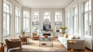 Salon lumineux d’un appartement chic à Madrid avec moulures, canapé arrondi et grandes fenêtres