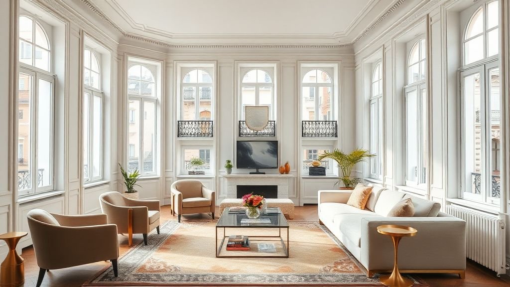 Salon lumineux d’un appartement chic à Madrid avec moulures, canapé arrondi et grandes fenêtres
