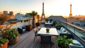 Rooftop parisien en bois avec plantes et vue sur la tour Eiffel au coucher du soleil