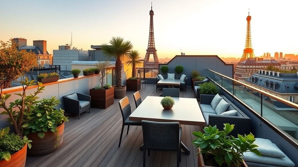 Rooftop parisien en bois avec plantes et vue sur la tour Eiffel au coucher du soleil