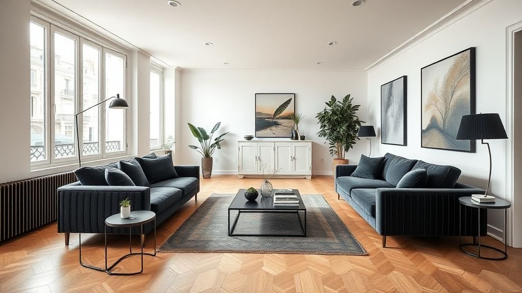 Salon contemporain parisien avec parquet clair, canapé en velours sombre et grandes baies vitrées