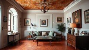 Salon d’un appartement vintage à Nice avec fresques au plafond, tomettes anciennes et mobilier design