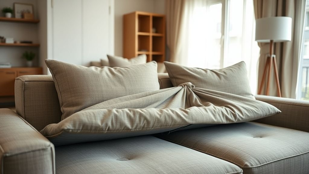 Mains repliant un canapé convertible dans un petit appartement lumineux