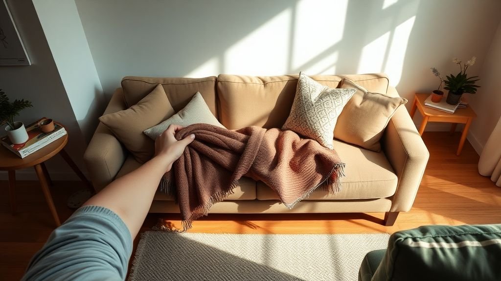 Mains disposant des coussins sur un canapé d’angle compact dans un salon lumineux