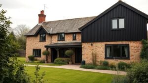 Cottage anglais rénové avec façade en pierre et extension contemporaine en bois brûlé dans un jardin verdoyant