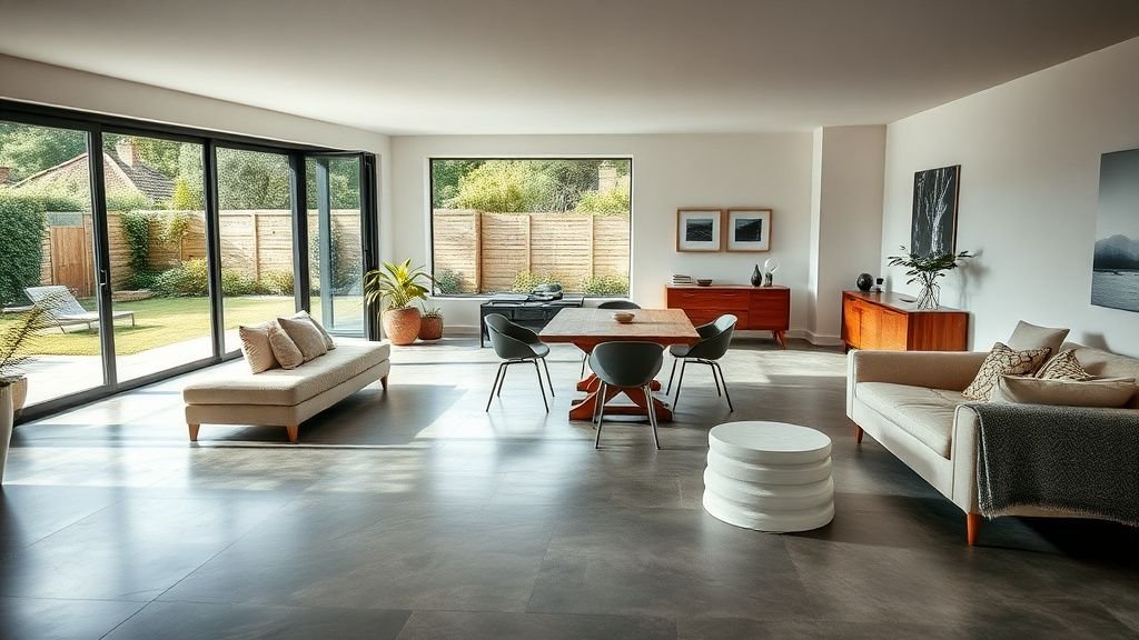 Séjour contemporain avec sol en béton, grandes baies vitrées et mobilier mêlant table ancienne et chaises modernes