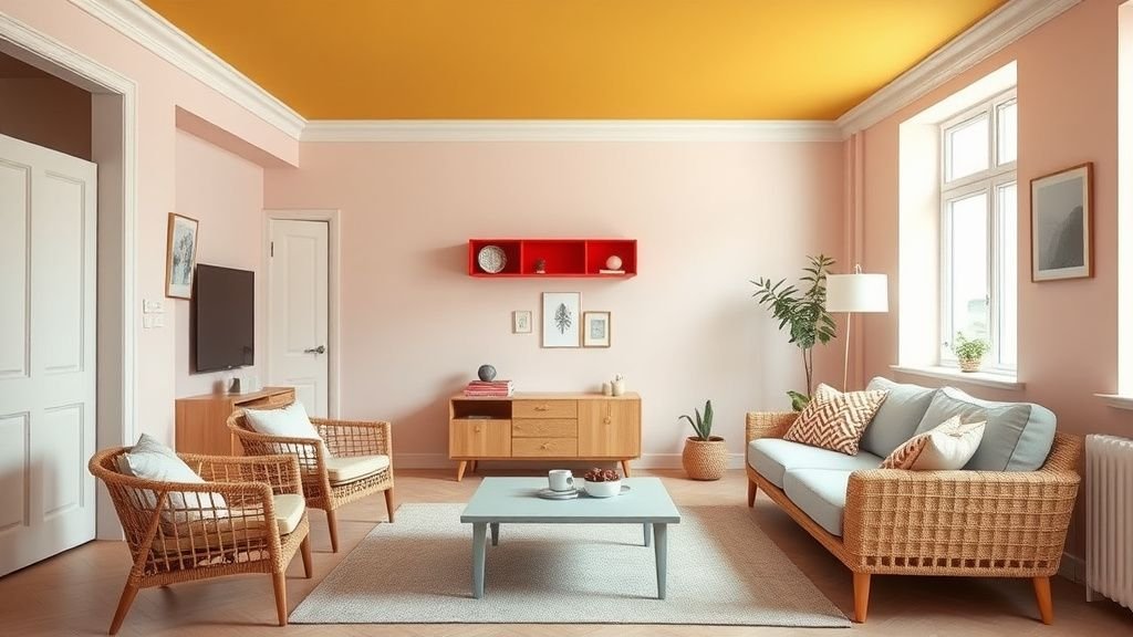 Salon compact avec murs rose poudré, plafond moutarde et mobilier scandinave aux couleurs contrastées