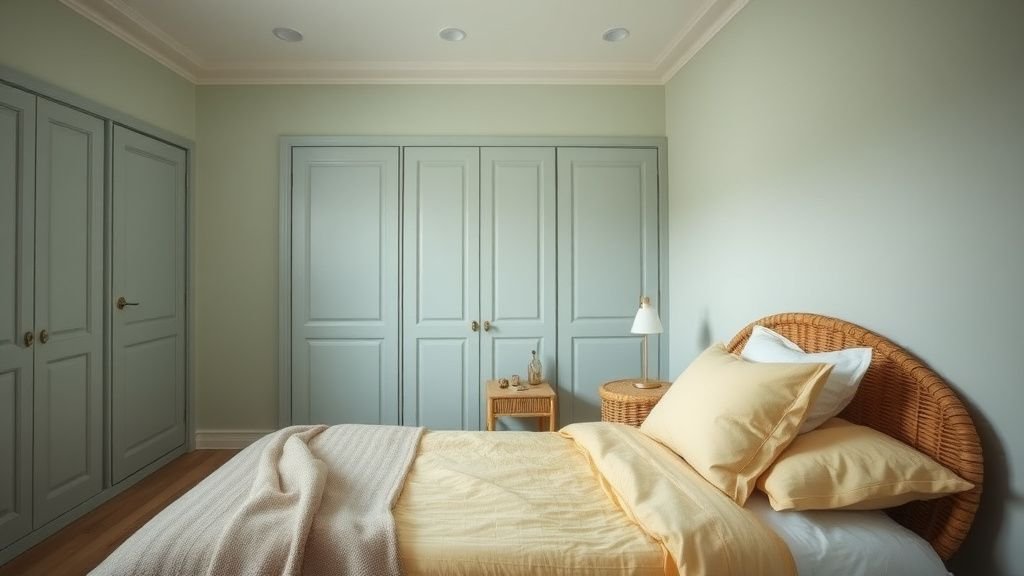 Chambre lumineuse avec linge de lit jaune beurre, table de nuit en rotin et rangements bleu grisé