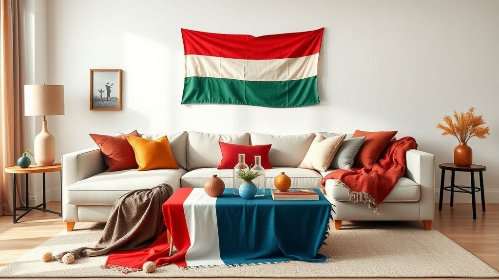 Salon décoré avec textiles colorés formant une composition inspirée d’un drapeau, lumière naturelle