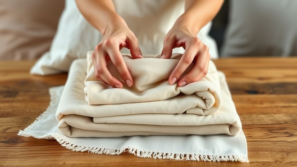 Mains pliant des textiles colorés sur une table en bois pour composer une décoration graphique