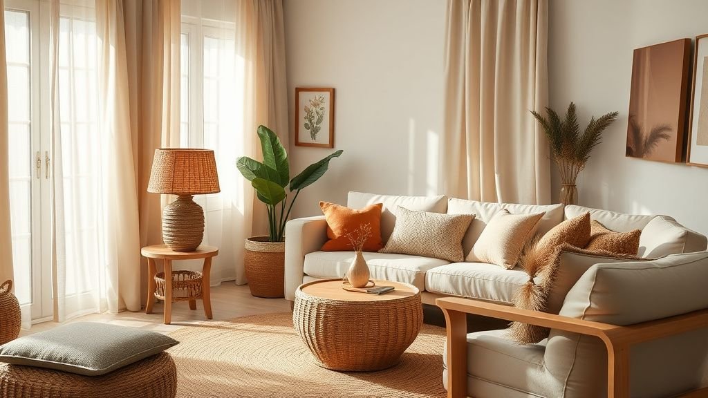 Salon bohème lumineux avec lampe tressée, coussins texturés et tapis en fibres naturelles