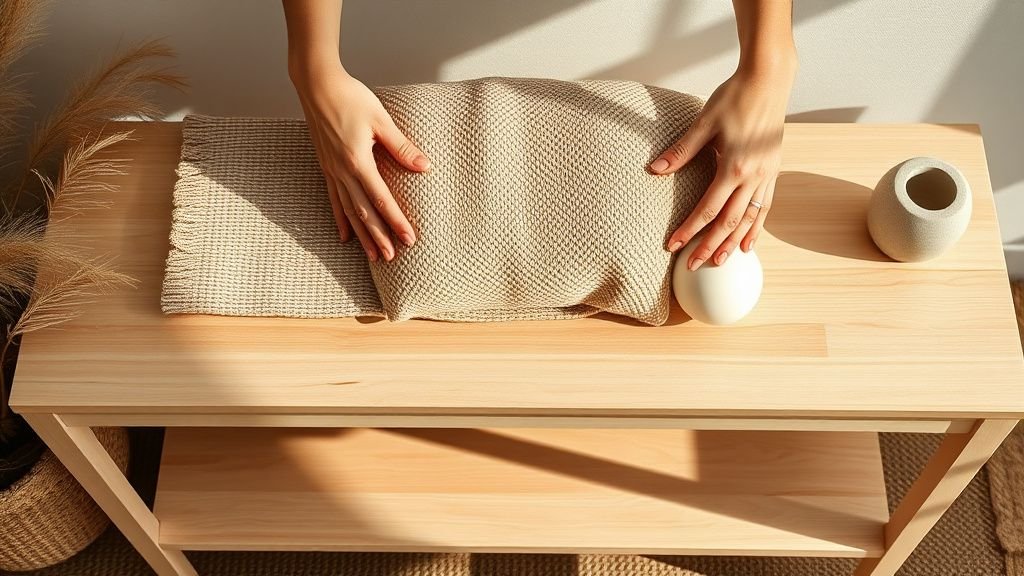 Mains disposant un tapis naturel, un coussin tressé et un vase en céramique sur une console en bois