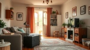 Intérieur chaleureux préparé pour un échange de maisons avec valise près de l’entrée