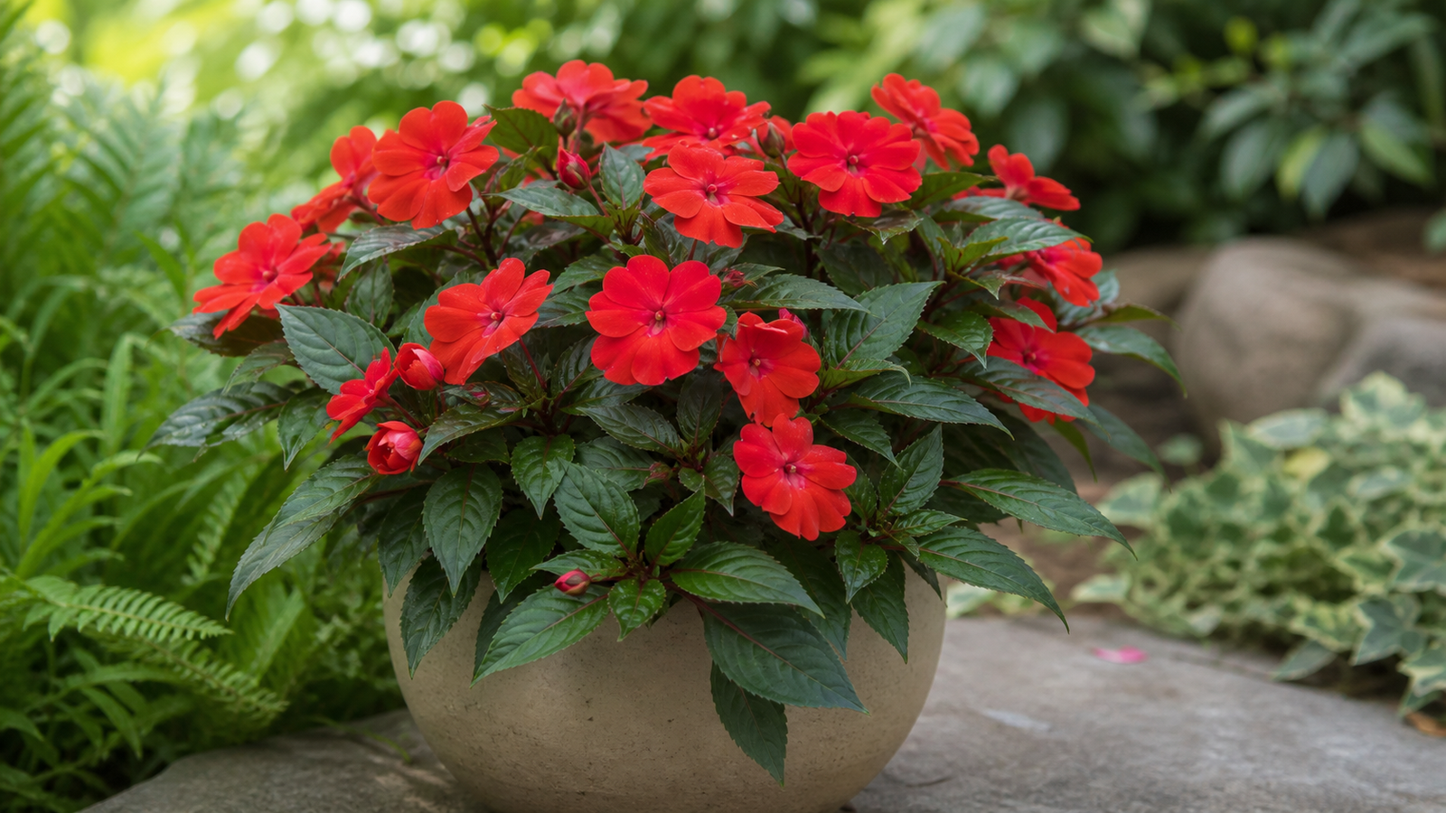 Impatiens rouge en pot, aussi appelee fleur goutte de sang