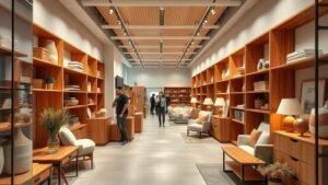 Intérieur d’un magasin d’ameublement compact avec présentoirs chaleureux et ambiance urbaine contemporaine