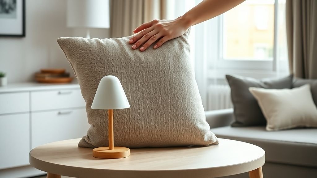 Mains choisissant un coussin et une petite lampe sur une table dans un intérieur lumineux et minimaliste