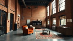 Loft authentique avec briques apparentes, poutres anciennes et grand tapis coloré dans une lumière naturelle