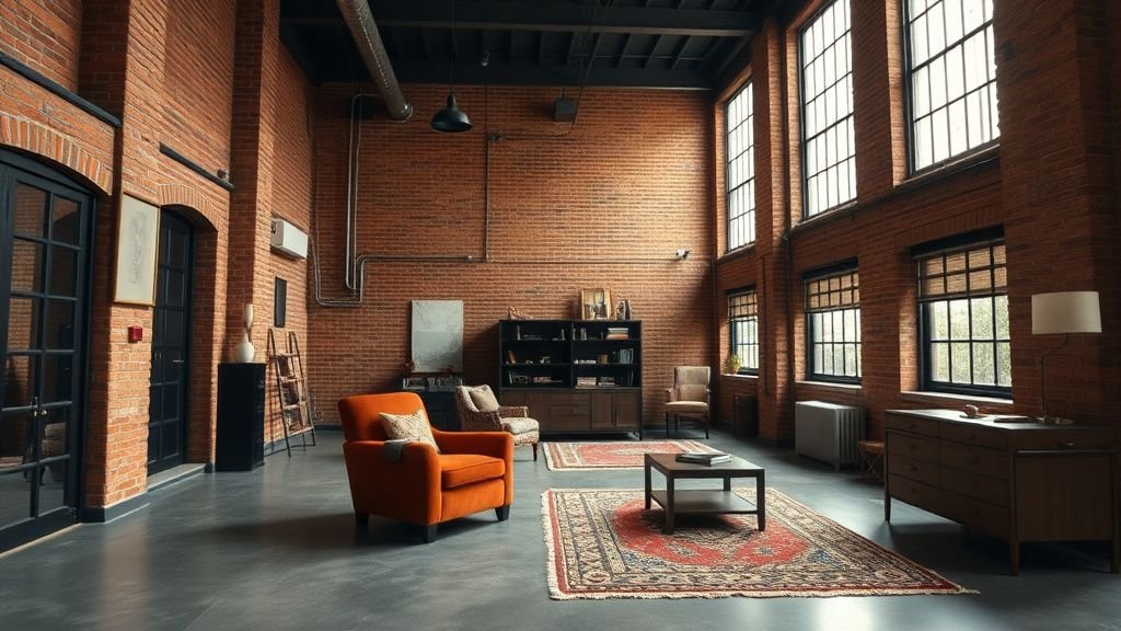 Loft authentique avec briques apparentes, poutres anciennes et grand tapis coloré dans une lumière naturelle