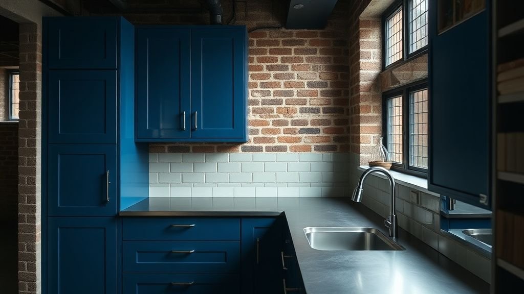 Cuisine bleu pétrole dans un loft avec brique apparente, inox et crédence miroir biseautée