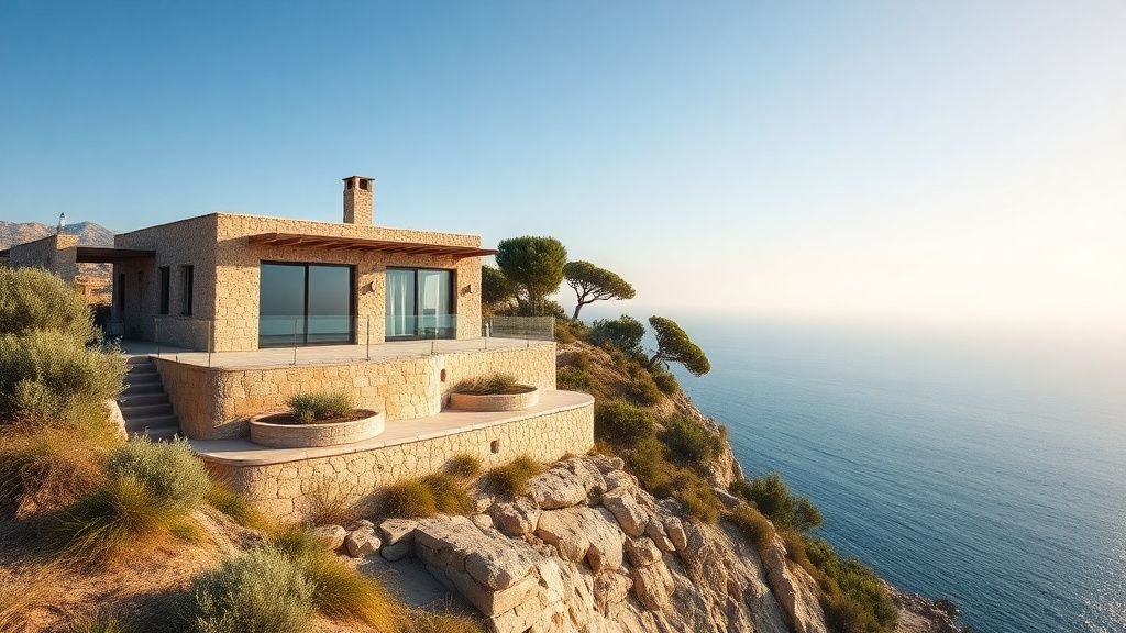 Maison en pierre méditerranéenne sur une falaise avec terrasse neutre et vue panoramique sur la mer