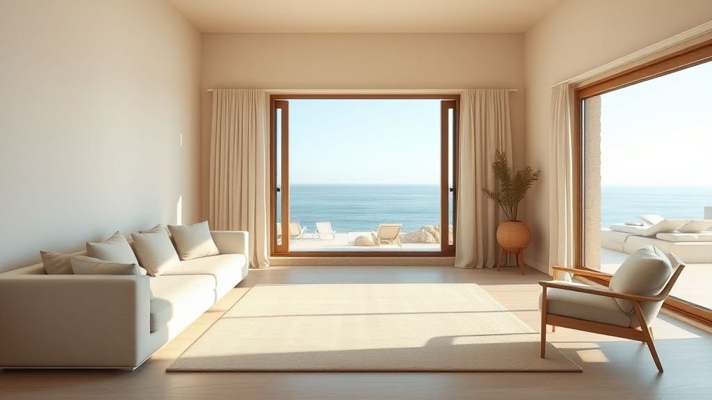 Salon minimaliste avec canapé bas, mur en pierre et grandes baies vitrées ouvertes sur la mer