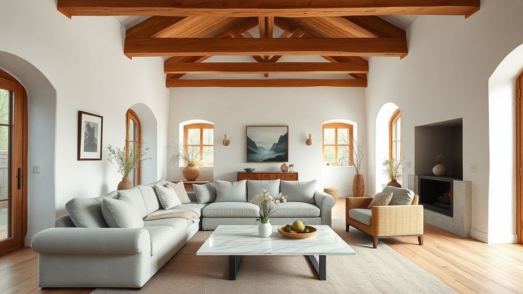 Salon chaleureux d’une maison neuve avec poutres en chêne, lin naturel et palette douce