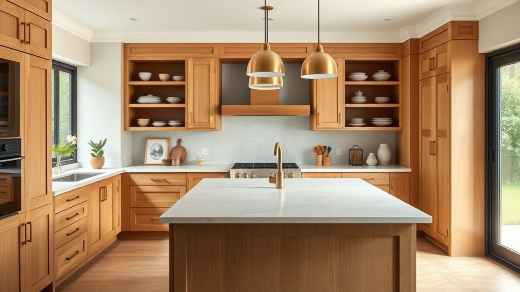 Cuisine lumineuse avec îlot en marbre, bois clair et vue sur le jardin