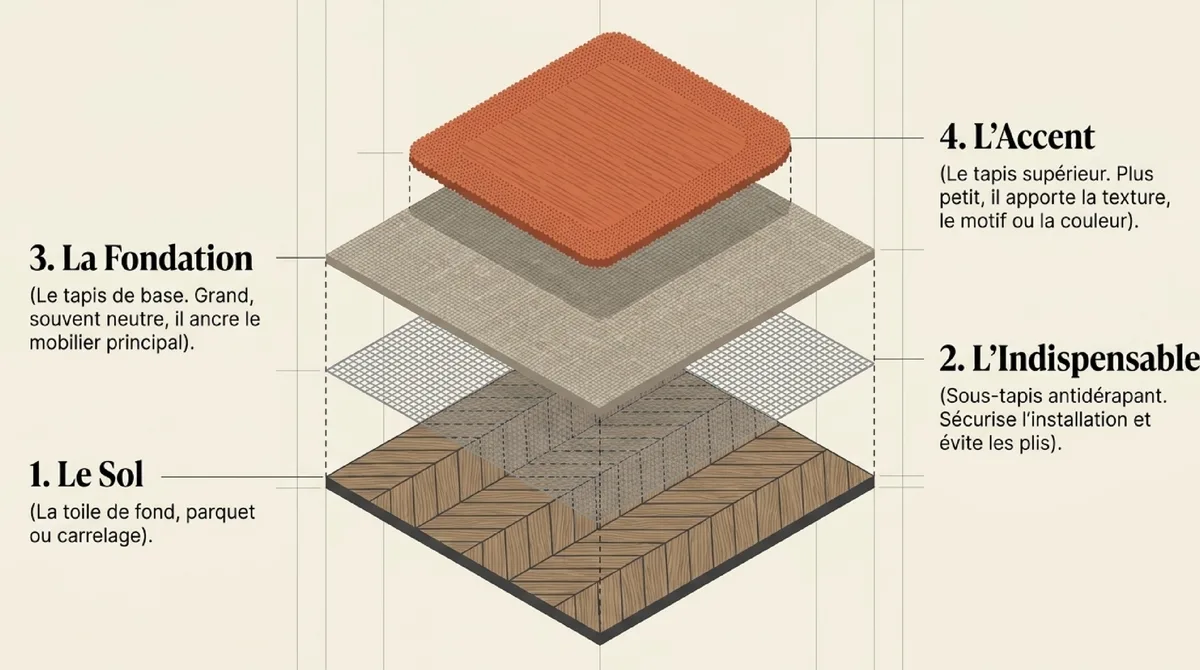 Infographie L'esprit bohème : superposer les tapis ethniques pour un intérieur nomade