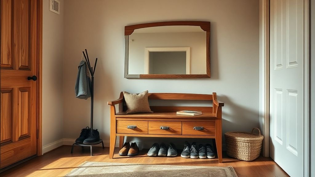 Entrée rangée avec banc-coffre en bois, portant sobre et miroir posé au sol dans des tons naturels