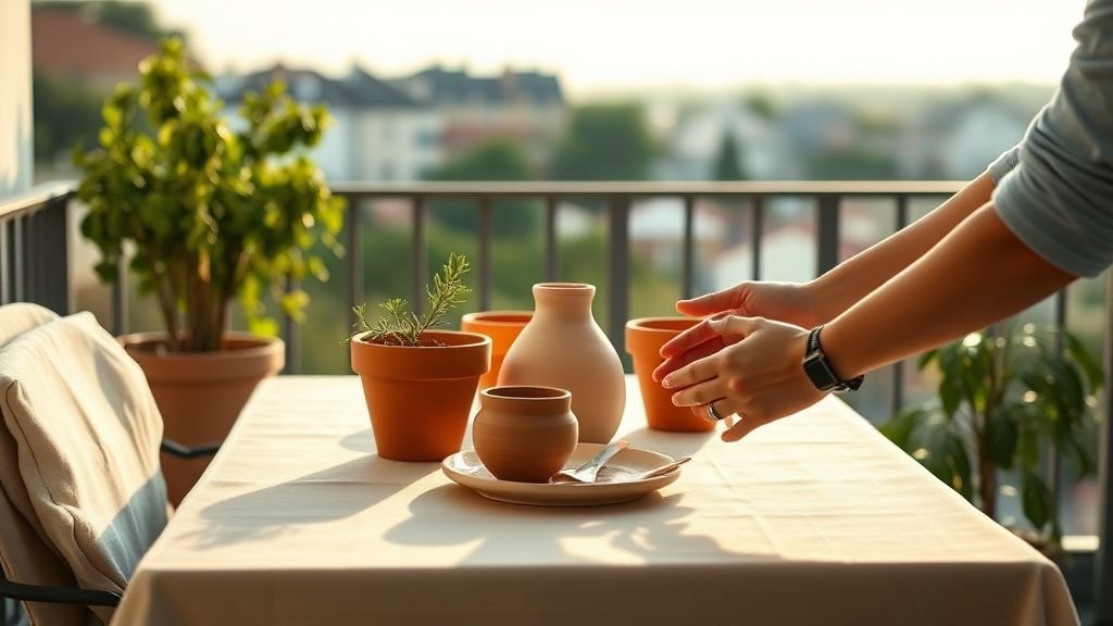 Mains disposant une table d’été sur un balcon avec linge léger, céramique et lumière dorée
