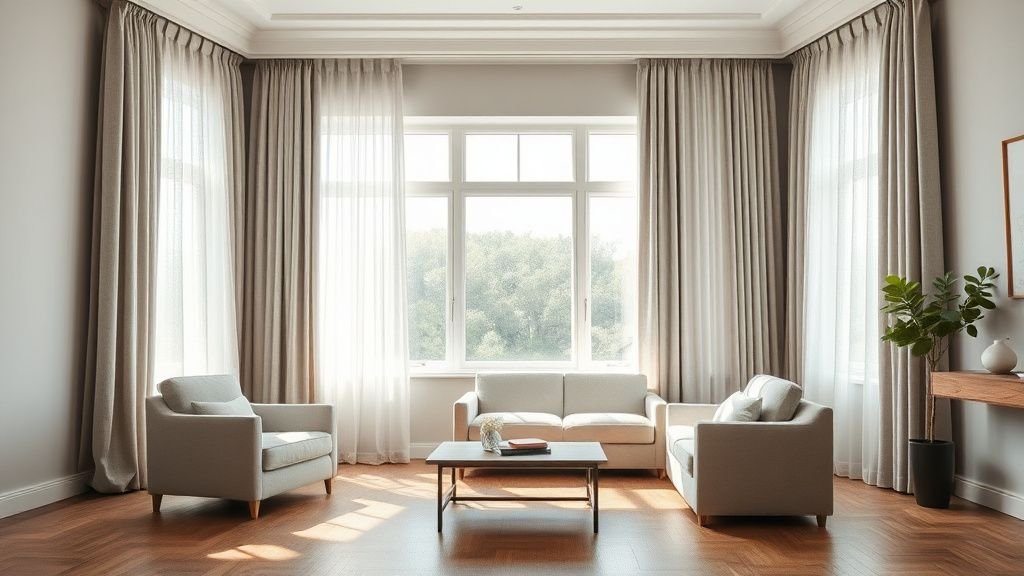 Rideaux en lin dans un salon lumineux, fenêtre habillée avec élégance et ambiance douce