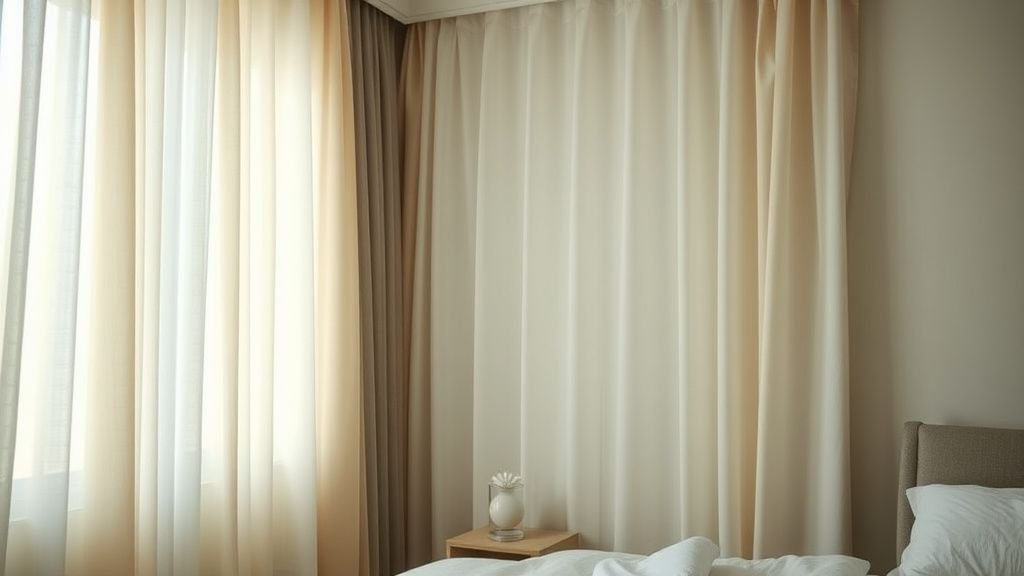 Rideaux superposés dans une chambre douce, lumière du matin et atmosphère cocon