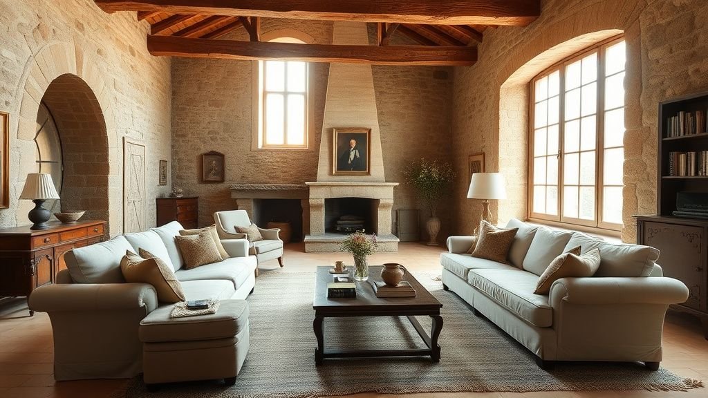Salon d’un château rénové avec pierres anciennes, textiles naturels et ambiance slow bohème lumineuse