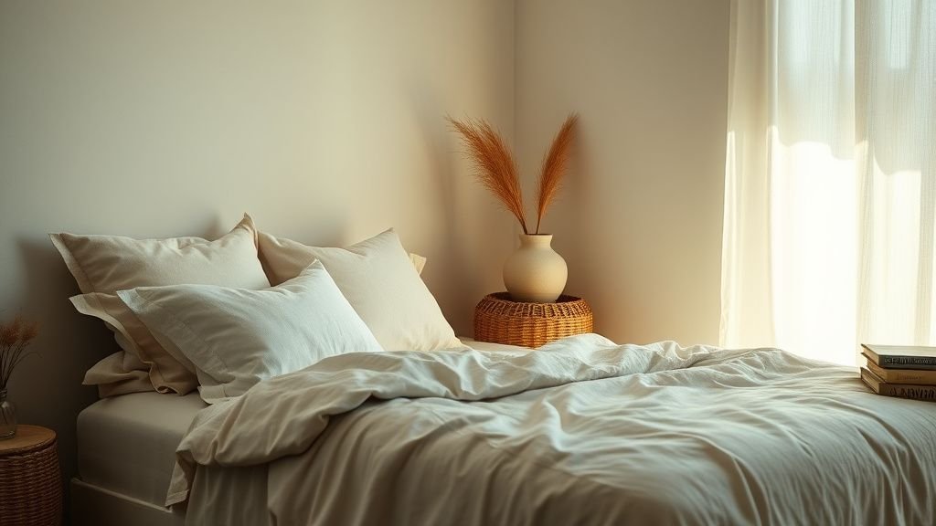 Coin chambre slow bohème avec linge en lin, panier tressé et vase en céramique dans des tons naturels